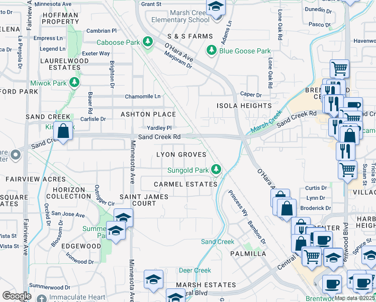 map of restaurants, bars, coffee shops, grocery stores, and more near 1282 Anjou Parkway in Brentwood