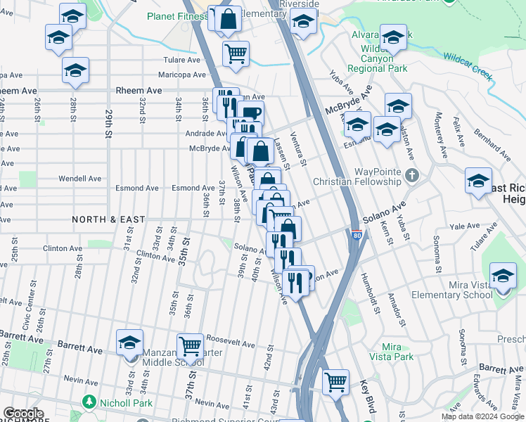 map of restaurants, bars, coffee shops, grocery stores, and more near 12719 San Pablo Avenue in Richmond