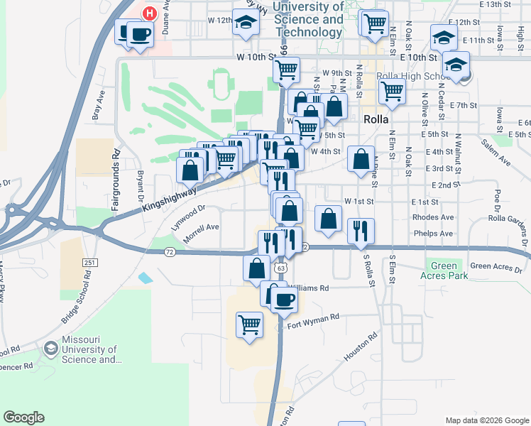 map of restaurants, bars, coffee shops, grocery stores, and more near 801 Black Street in Rolla