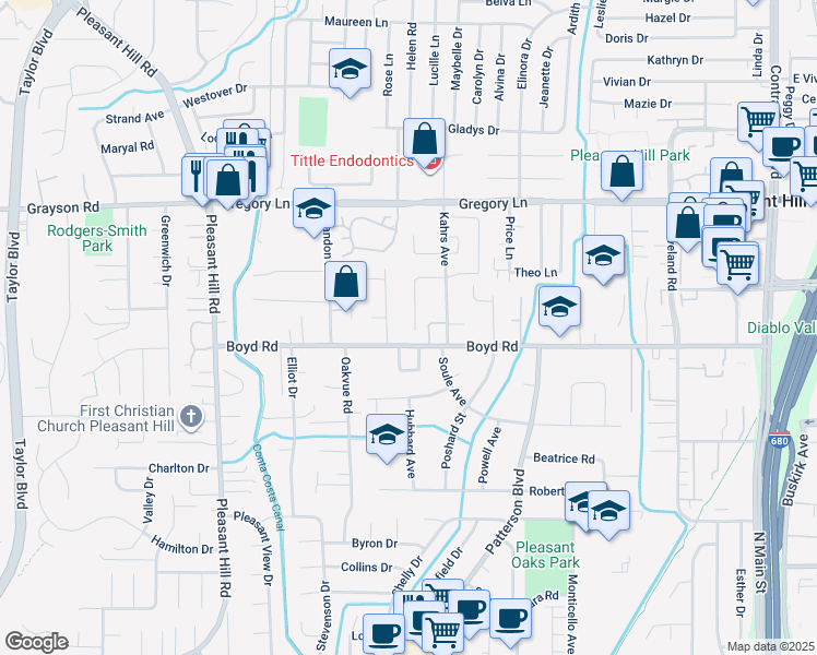 map of restaurants, bars, coffee shops, grocery stores, and more near 486 Turrin Drive in Pleasant Hill