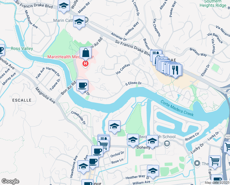 map of restaurants, bars, coffee shops, grocery stores, and more near 820 South Eliseo Drive in Larkspur