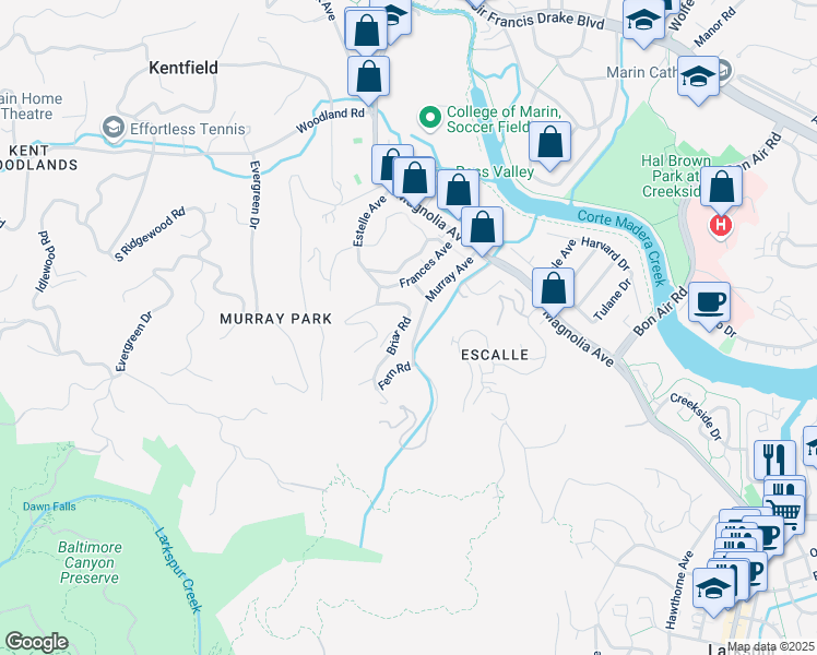 map of restaurants, bars, coffee shops, grocery stores, and more near 43 Briar Road in Kentfield