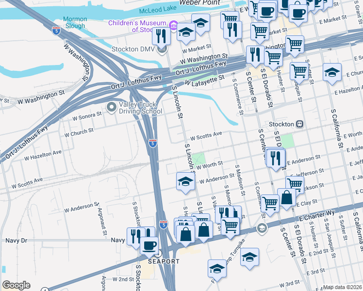 map of restaurants, bars, coffee shops, grocery stores, and more near 510 West Scotts Avenue in Stockton