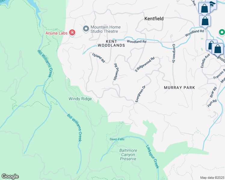map of restaurants, bars, coffee shops, grocery stores, and more near 340 Crown Road in Kentfield