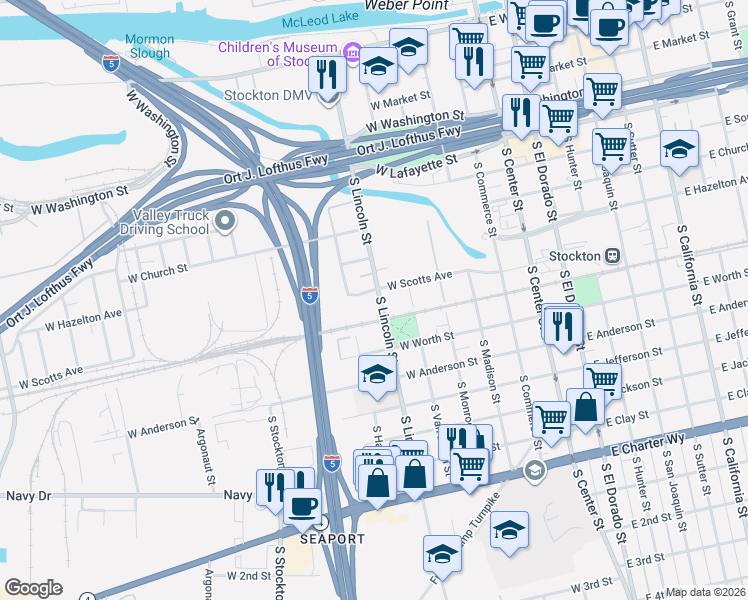 map of restaurants, bars, coffee shops, grocery stores, and more near 510 West Scotts Avenue in Stockton
