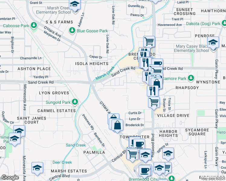 map of restaurants, bars, coffee shops, grocery stores, and more near 352 Jefferson Drive in Brentwood