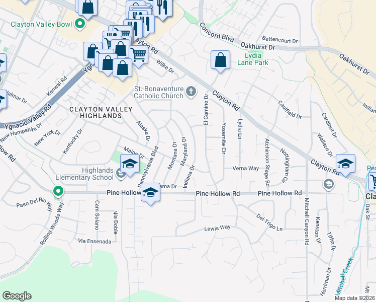 map of restaurants, bars, coffee shops, grocery stores, and more near 5546 Indiana Drive in Concord