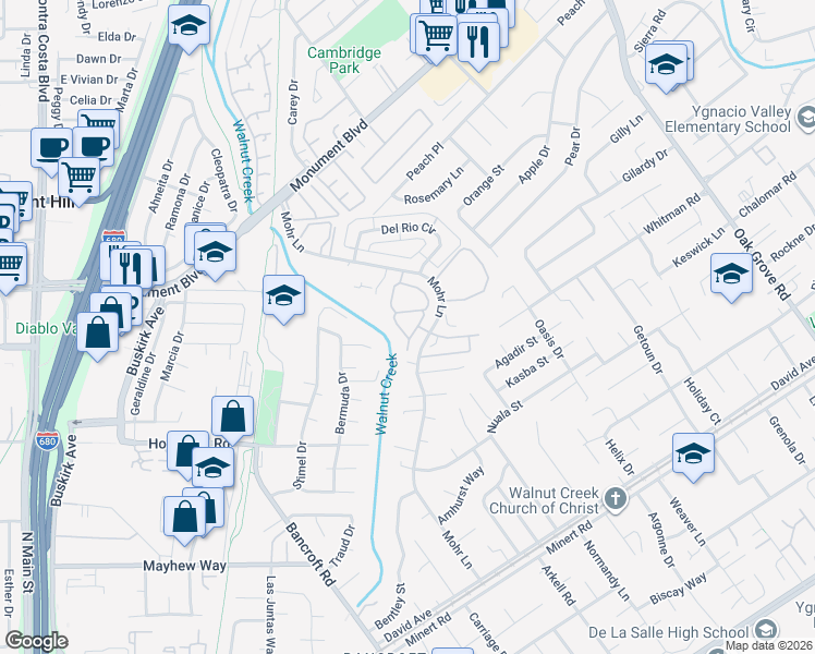 map of restaurants, bars, coffee shops, grocery stores, and more near 1360 Del Rio Court in Concord