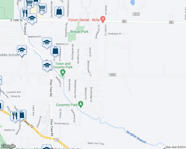 map of restaurants, bars, coffee shops, grocery stores, and more near 103 Bittersweet Lane in Rolla