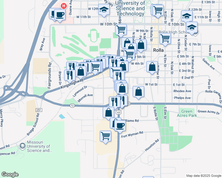 map of restaurants, bars, coffee shops, grocery stores, and more near 809 Black Street in Rolla