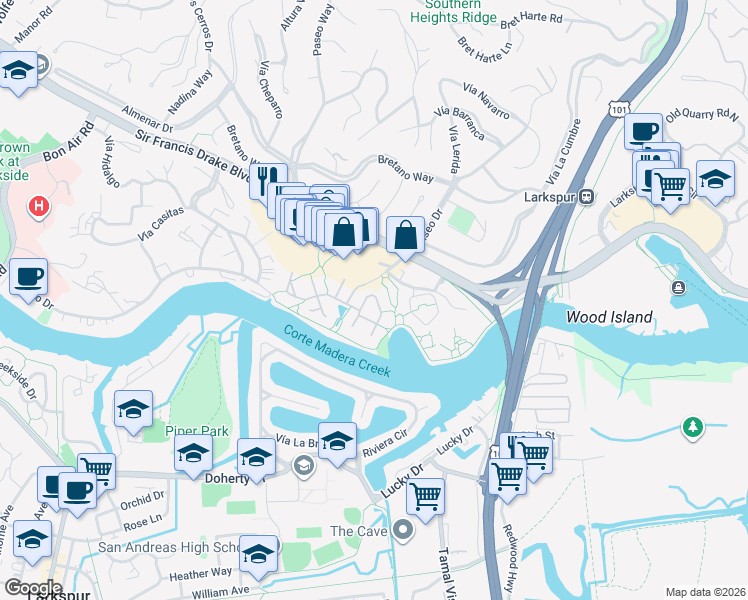map of restaurants, bars, coffee shops, grocery stores, and more near 22 Elizabeth Circle in Larkspur