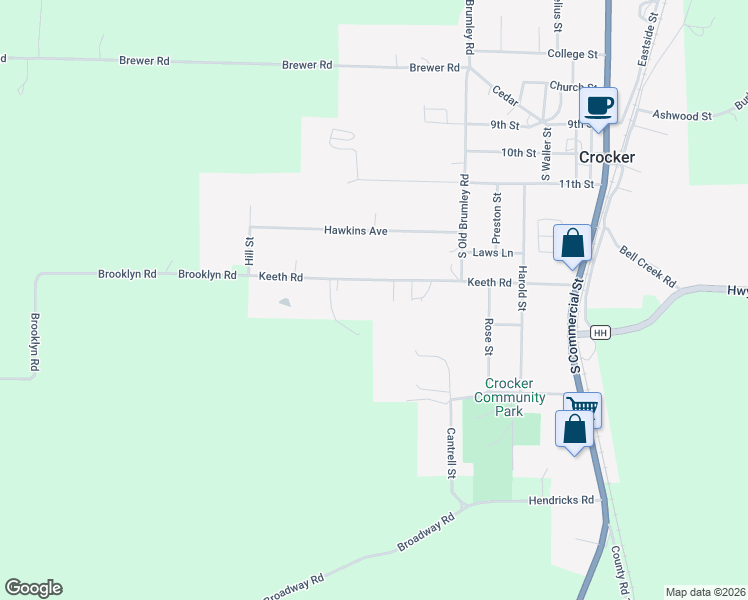 map of restaurants, bars, coffee shops, grocery stores, and more near 313 Keeth Road in Crocker