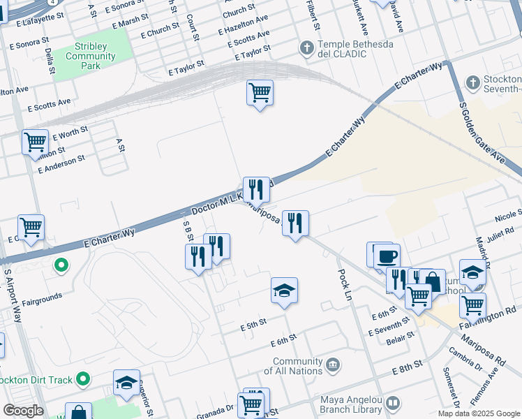map of restaurants, bars, coffee shops, grocery stores, and more near 1506 E Mariposa Rd in Stockton