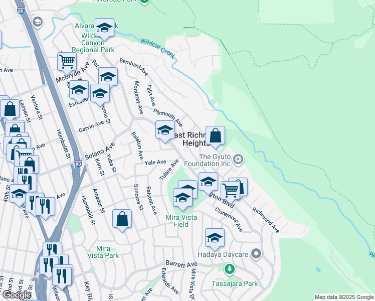 map of restaurants, bars, coffee shops, grocery stores, and more near 6230 Plymouth Avenue in Richmond