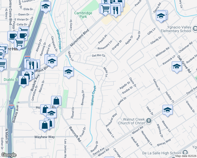 map of restaurants, bars, coffee shops, grocery stores, and more near 1360 Del Rio Court in Concord