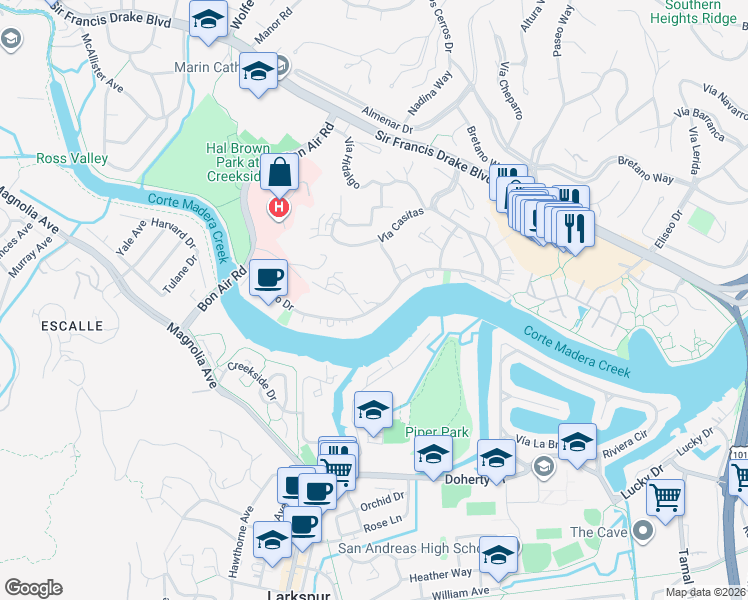map of restaurants, bars, coffee shops, grocery stores, and more near 820 South Eliseo Drive in Larkspur