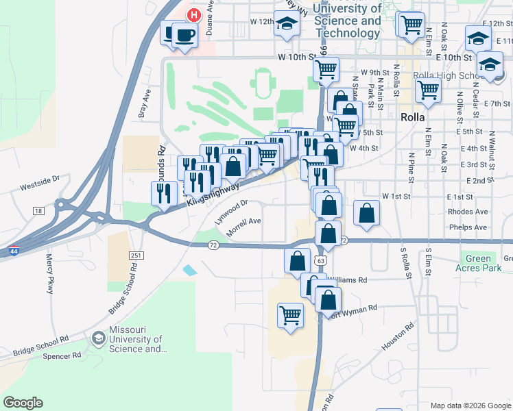 map of restaurants, bars, coffee shops, grocery stores, and more near 1009 Lynwood Drive in Rolla