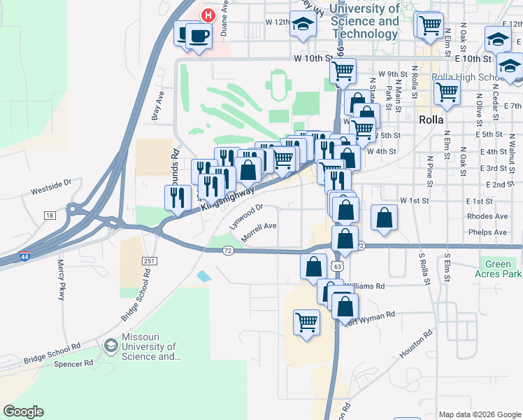 map of restaurants, bars, coffee shops, grocery stores, and more near 1015 Lynwood Drive in Rolla