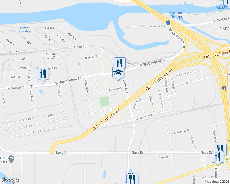 map of restaurants, bars, coffee shops, grocery stores, and more near 1750 W Sonora St in Stockton