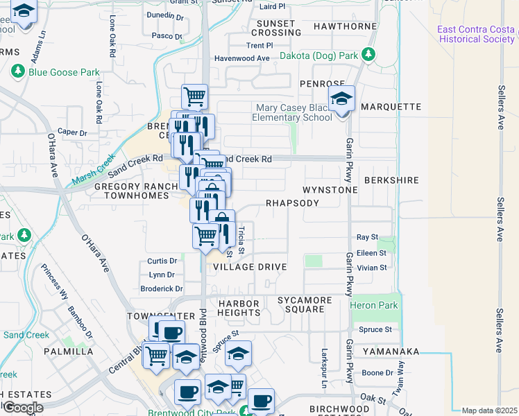 map of restaurants, bars, coffee shops, grocery stores, and more near 223 Weeping Willow Court in Brentwood