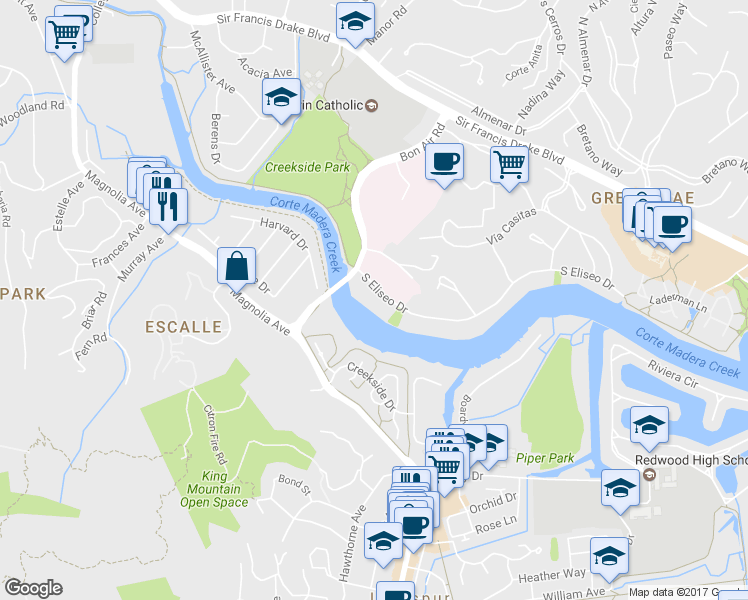 map of restaurants, bars, coffee shops, grocery stores, and more near 1321 South Eliseo Drive in Kentfield