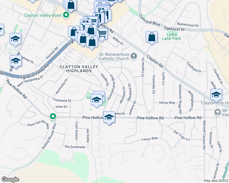 map of restaurants, bars, coffee shops, grocery stores, and more near 5549 Pennsylvania Boulevard in Concord