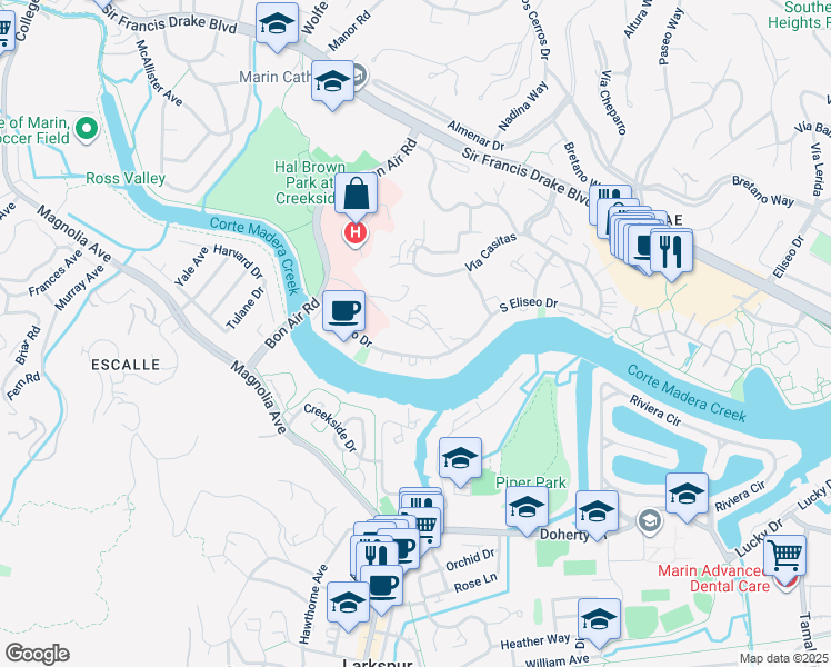 map of restaurants, bars, coffee shops, grocery stores, and more near 45 Corte Real in Larkspur