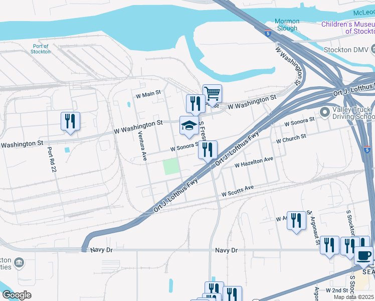 map of restaurants, bars, coffee shops, grocery stores, and more near 1750 West Sonora Street in Stockton