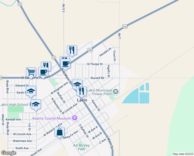 map of restaurants, bars, coffee shops, grocery stores, and more near Russell Road in Lakin