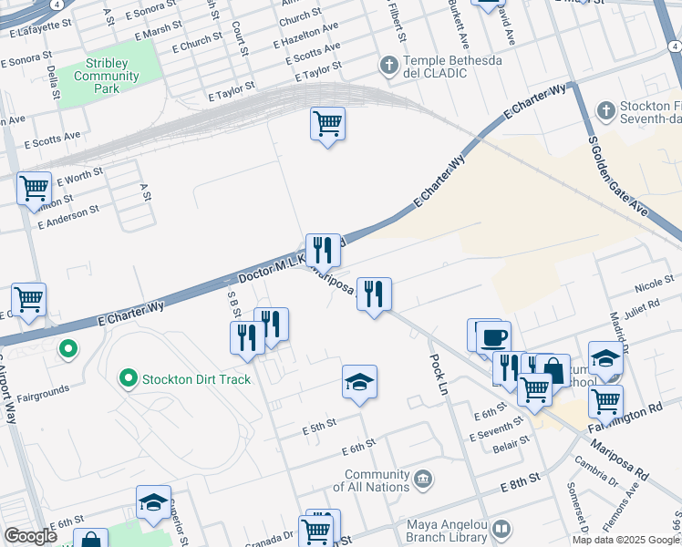 map of restaurants, bars, coffee shops, grocery stores, and more near 1506 East Mariposa Road in Stockton