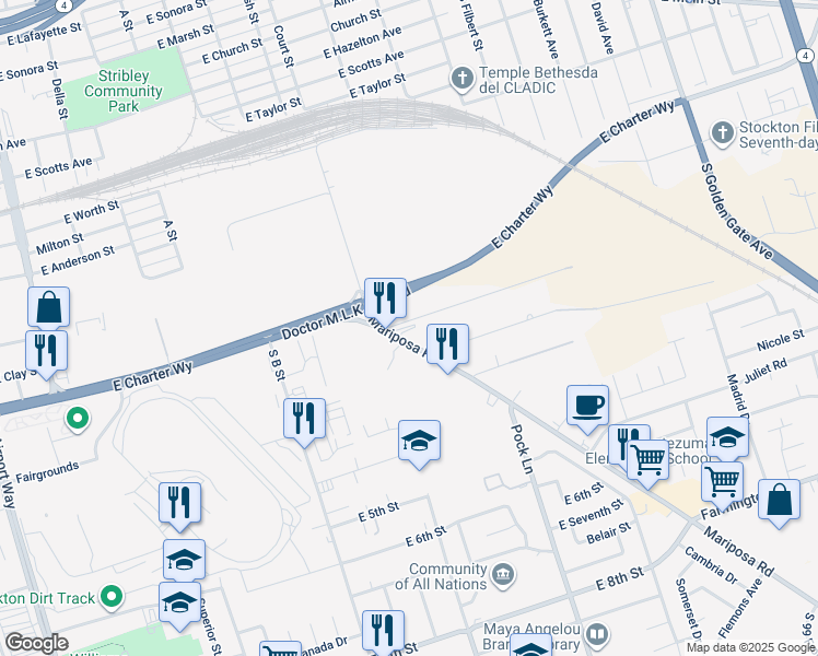 map of restaurants, bars, coffee shops, grocery stores, and more near 1506 East Mariposa Road in Stockton