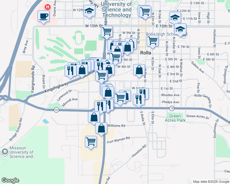 map of restaurants, bars, coffee shops, grocery stores, and more near 100 South Rucker Avenue in Rolla