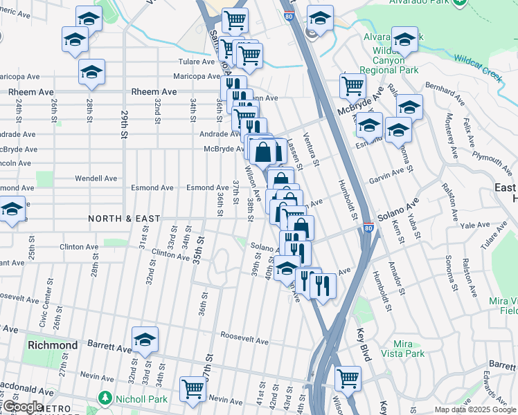 map of restaurants, bars, coffee shops, grocery stores, and more near 829 Wilson Avenue in Richmond