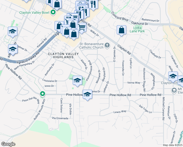 map of restaurants, bars, coffee shops, grocery stores, and more near 5549 Pennsylvania Boulevard in Concord