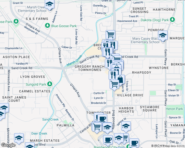 map of restaurants, bars, coffee shops, grocery stores, and more near 1330 Harrison Lane in Brentwood