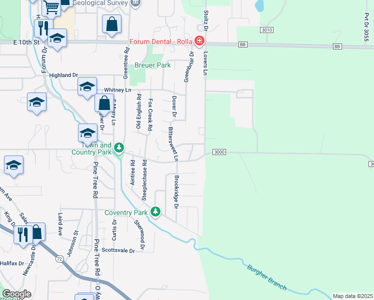 map of restaurants, bars, coffee shops, grocery stores, and more near 104 Oaktree Lane in Rolla