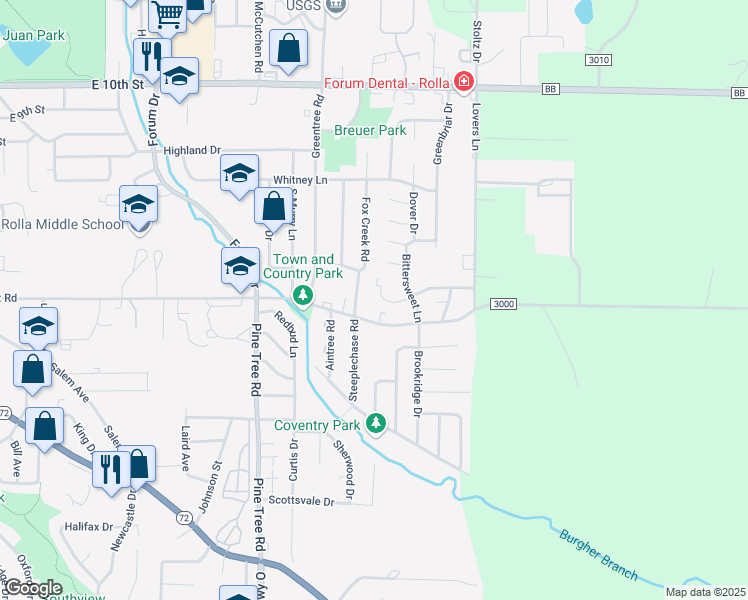 map of restaurants, bars, coffee shops, grocery stores, and more near 1706 Ashwood Drive in Rolla