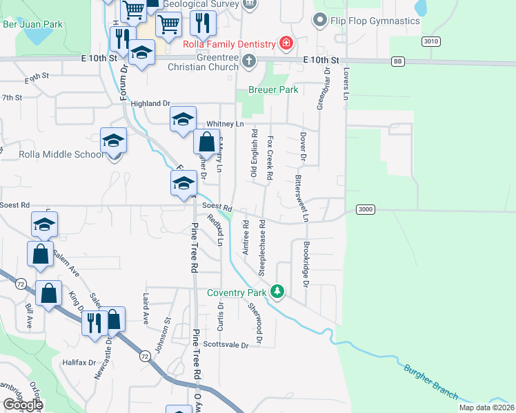 map of restaurants, bars, coffee shops, grocery stores, and more near 101 Fox Creek Road in Rolla
