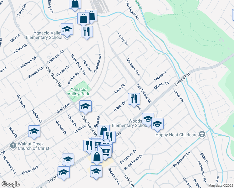map of restaurants, bars, coffee shops, grocery stores, and more near 2710 Lyon Circle in Concord