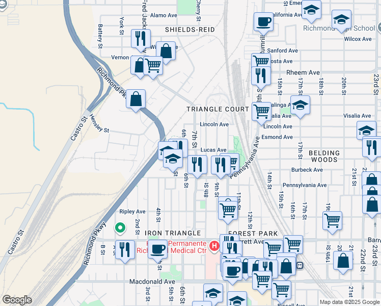 map of restaurants, bars, coffee shops, grocery stores, and more near 612 Lucas Avenue in Richmond