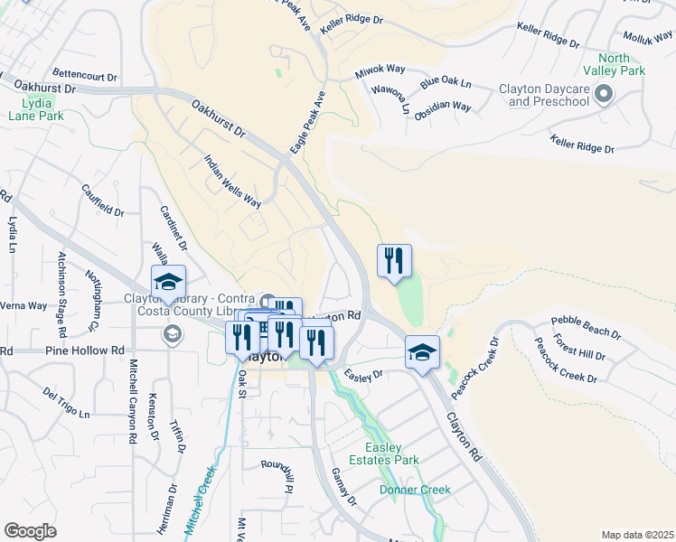 map of restaurants, bars, coffee shops, grocery stores, and more near 1295 Shell Circle in Clayton