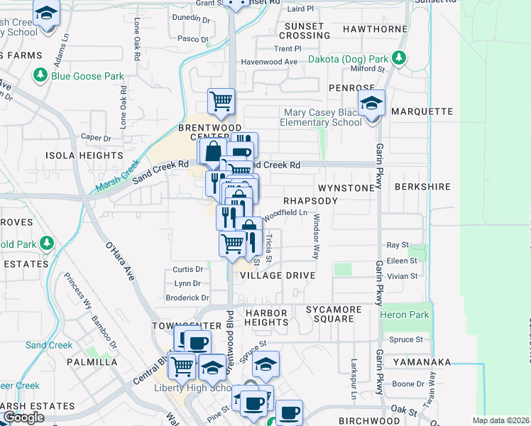 map of restaurants, bars, coffee shops, grocery stores, and more near 268 Woodfield Lane in Brentwood