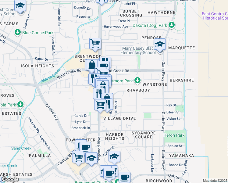 map of restaurants, bars, coffee shops, grocery stores, and more near 218 Whispering Oaks Court in Brentwood