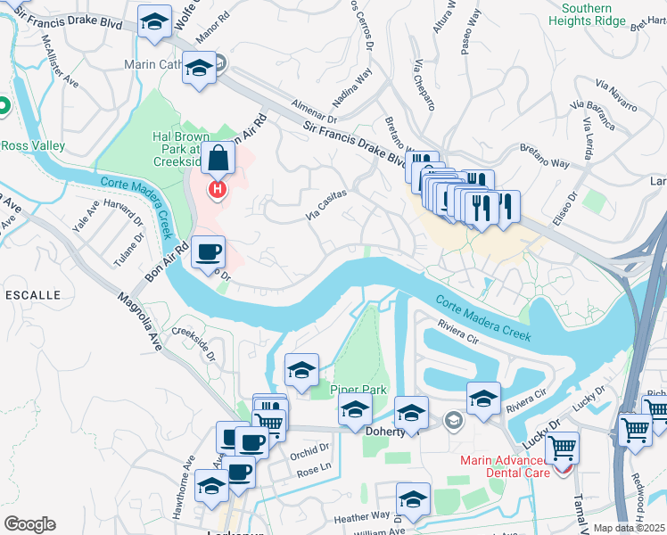 map of restaurants, bars, coffee shops, grocery stores, and more near 709 South Eliseo Drive in Larkspur