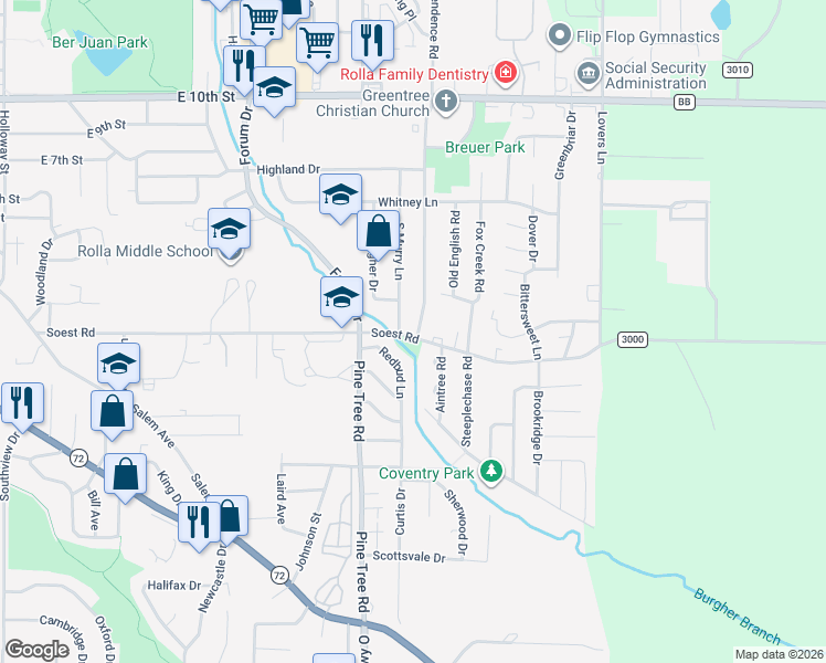 map of restaurants, bars, coffee shops, grocery stores, and more near in Rolla