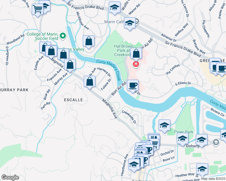 map of restaurants, bars, coffee shops, grocery stores, and more near 5 Harvard Drive in Larkspur