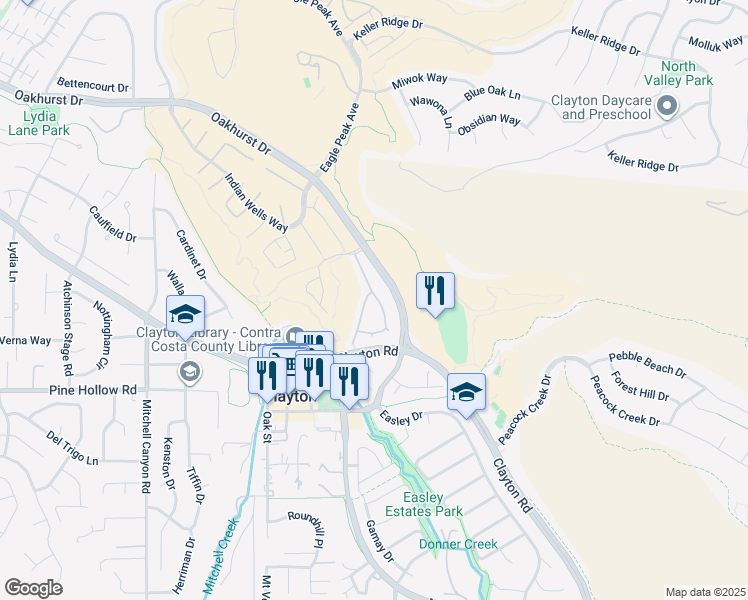 map of restaurants, bars, coffee shops, grocery stores, and more near 1295 Shell Circle in Clayton