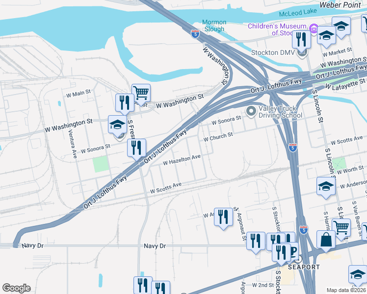map of restaurants, bars, coffee shops, grocery stores, and more near 529 South Pershing Avenue in Stockton