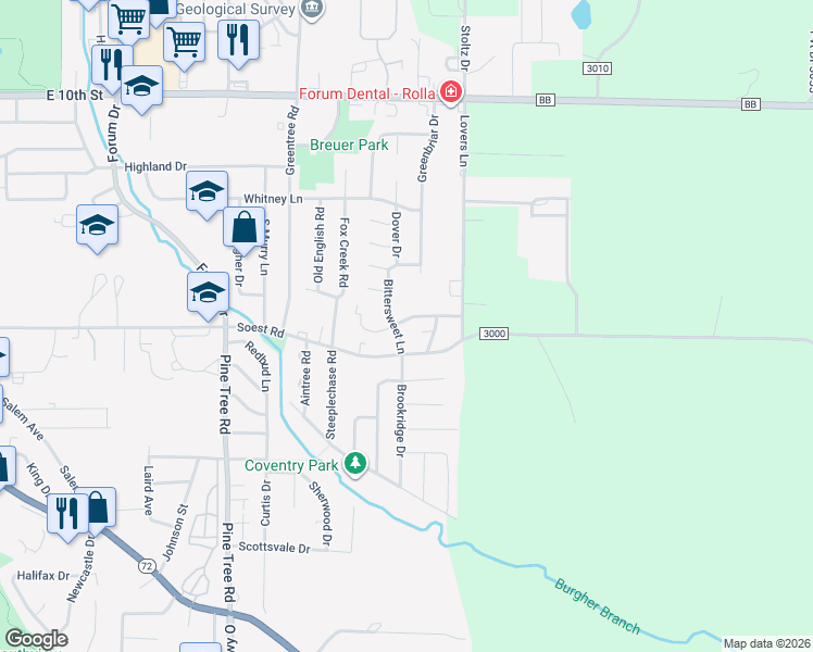 map of restaurants, bars, coffee shops, grocery stores, and more near 103 Bittersweet Lane in Rolla