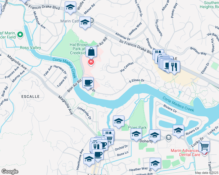 map of restaurants, bars, coffee shops, grocery stores, and more near 45 Corte Real in Larkspur